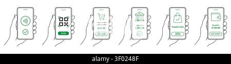 Mobile Payment Methods Collection. Hand Holding Smartphone with Digital Payment Interface Line Icons Set. QR Code, NFC Contactless Payment, Online Che Stock Vector
