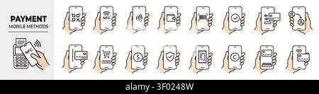 Collection of linear vector icons representing modern mobile payment methods and digital transactions. Includes hand holding a smartphone with NFC, QR Stock Vector