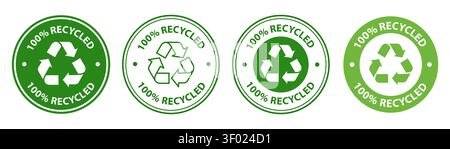 Set of 100 Recycled circular badge designs featuring the universal recycling symbol. Includes various green and black white outline styles, perfect fo Stock Vector