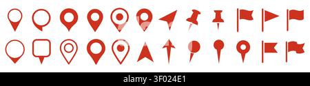 Set of red map markers, location pins, pointers, and flags icons. Includes various shapes for navigation, tracking, and location tagging in UI UX desi Stock Vector