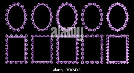 Lace frame edge with border scallop heart and trim circle square. Oval antique pattern with wavy lace scalloped and ruffle decorative drawn. Mat red Stock Vector