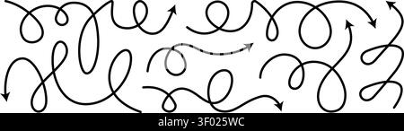 Dashed arrow squiggly vector line set. Curved shape doodle brush element. Complex plan, map path pattern. 3d up down direction scribble dynamic curly Stock Vector