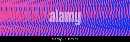 Abstract matrix digital distortion background with hot pink geometric barcodes and deep blue technical optical illusion transition grid pattern with d Stock Vector