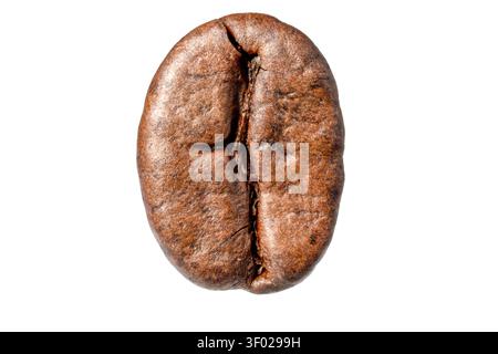 Extreme close-up reveals the intricate surface and rich brown color of a single, perfectly roasted coffee bean, highlighting its natural imperfections Stock Photo