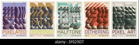 Composition of pixel gradation elements, 3d bitmap geometric shape pattern, vector halftone pixelated poster in A4 format, abstract ornament with dith Stock Vector