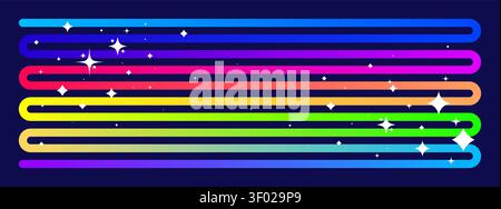 Dynamic continuous multicolor gradient swirling stripe and whites sparkling stars symbols, long rainbow ribbon with shifting bright colors, geometric Stock Vector