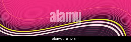 Dynamic synthwave fluid transition background with neon green wavy ribbon and pink striped linear gradient pattern for futuristic banner, brutal abstr Stock Vector