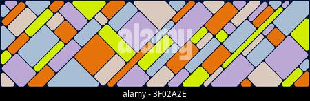 Geometric background with colorful rounded squares and blocks, Stained glass style mosaic pattern for trendy landing page with black border lines, abs Stock Vector
