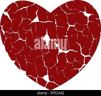 Dark red cracked broken heart shape, grunge distressed texture concept for heartbreak divorce depression illness fragility flat abstract sign symbol illustration isolated on white background Stock Vector