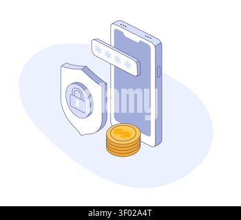 Phone banking data protection. Isometric view. Vector illustration. Great for security app, fintech poster, or safe payment blog. Stock Vector