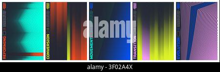 Minimalist kinetic halftone artwork visual transformation and dynamic motion ornament with transition effect, Abstract vector poster set with linear g Stock Vector