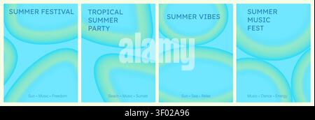 Abstract fluid liquid shapes with glowing organic bubbles, neon gradient background. Set of posters Stock Vector
