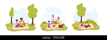 Picnic in nature set. People relaxing on blankets in park. Vector illustration for summer banner, family outing poster Stock Vector