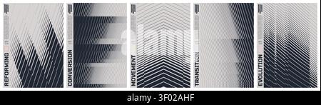 Monochrome technical line grid poster set with kinetic halftone distortion patterns, Minimalist geometric visual transformation and abstract structura Stock Vector