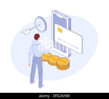 Investment concept. Man with phone. Isometric vector. Great for finance blog, banking poster, or investment app banner. Stock Vector
