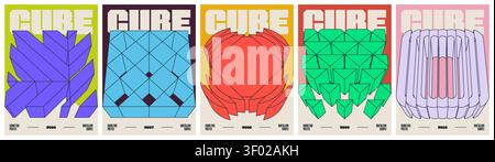 Postmodern abstract geometric trendy simple modern, Contemporary art bold minimal compositions, Set poster with isometric 3D cube shape in brutalism a Stock Vector