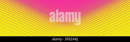 Psychedelic halftone optical illusion background with neon yellow grid and magenta wireframe intersecting diagonal perspective mesh on vibrant linear Stock Vector