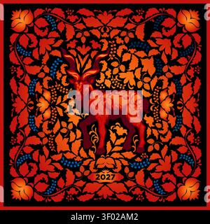 Red goat emblem inside square frame with berries and foliage. Rich ornamental decor. New Year 2027 symbol. Ideal for invitations Stock Vector
