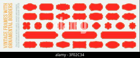 Сollection of red vintage frames with gold decorative wicker borders, Set luxury wedding retro labels, banners, Royal frames in asian style, Elegant s Stock Vector