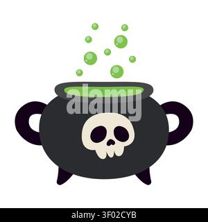 Cute Halloween witch cauldron vector illustration. Cartoon black pot with green magic potion and skull icon isolated on white background. Hand drawn e Stock Vector