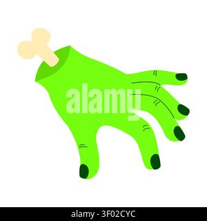 Cute Halloween zombie hand with bone vector illustration. Cartoon green monster dead arm with dark nails isolated on white background. Hand drawn spoo Stock Vector