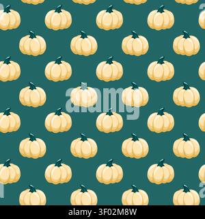 Seamless autumn pattern with cream pumpkins on dark teal background. Cartoon vector cozy seasonal print Stock Vector