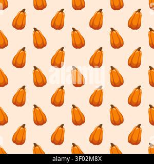Seamless autumn pattern with orange pumpkins on cream background. Cartoon vector background. Vector cozy seasonal background Stock Vector