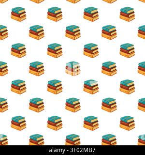 Seamless pattern with stacked books in teal orange and brown on white background. Cartoon vector reading background Stock Vector