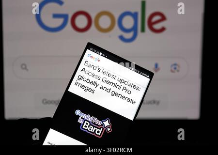 DALLAS, TX, USA - FEBRUARY 16, 2024: A smartphone screen displays Google search results featuring an article about Bard's latest updates, including th Stock Photo