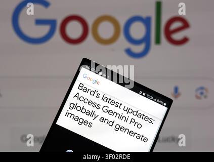 DALLAS, TX, USA - FEBRUARY 16, 2024: A smartphone displays a Google search page highlighting Bard's latest updates including access to Gemini Pro glob Stock Photo