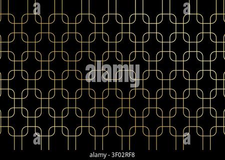 Art deco or nouveau pattern with repeated overlapped gold rectangular shapes on black background. Luxury geometric print. Elegant minimalistic wallpaper. Golden abstract ornament. Vector illustration. Stock Vector