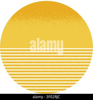 Whole and striped yellow circle halves with grunge texture isolated on white background. Sun and sea silhouette. Sunrise or sunset concept. Simple design element. Vector flat illustration. Stock Vector