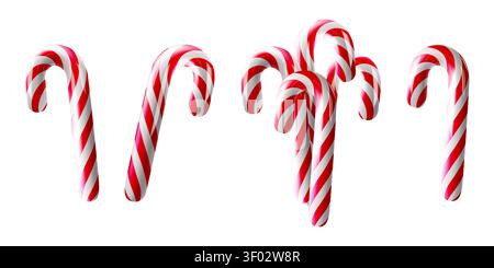 3D candy cane emoji, fruit stick ornament. Red pattern curved shape xmas lollipop. Render on white bg, dessert toy element. Twisted ribbon realistic Stock Vector
