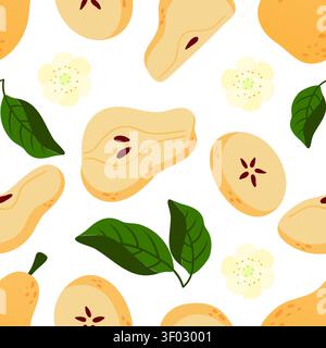 A seamless pattern featuring a pear, leaves and flowers Stock Vector