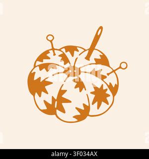 Vector illustration of a traditional pumpkin shaped pin cushion with stars, a needle, and pins. Hand-drawn orange line art icon for a sewing kit Stock Vector