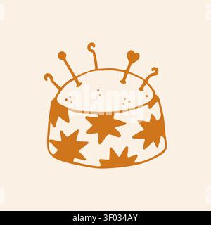 Doodle vector art of a classic pin cushion decorated with stars and holding various sewing needles and pins. Cute orange icon for a tailor workspace Stock Vector