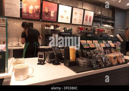 Starbucks Coffee Shop barista making coffee behind the counter displaying treats on the counter. St Paul Minnesota MN USA Stock Photo