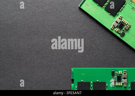 RAM Stick on Black Paper Texture Modern Tech Background Stock Photo