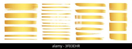 Gold brush stroke paint set. Hand drawn gold brush stroke paint golden foil line luxury underline. Glitter metallic banner border frame ornament grunge abstract background. Vector illustration Stock Vector
