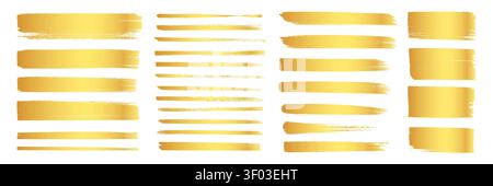 Gold brush stroke paint set. Hand drawn gold brush stroke paint golden foil line luxury underline. Glitter metallic banner border frame ornament grunge abstract background. Vector illustration Stock Vector