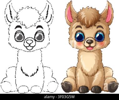Sitting baby llama character presented in colored vector style and black line art outline. Stock Vector
