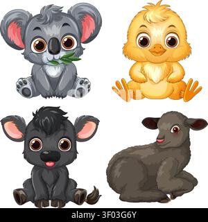 Vector illustration of four adorable baby animals in a flat cartoon style on white. Stock Vector