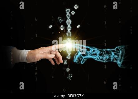 Doctor hand connecting with an AI hand through a glowing touchpoint. Human and artificial intelligence, healthcare innovation, medical collaboration, Stock Photo