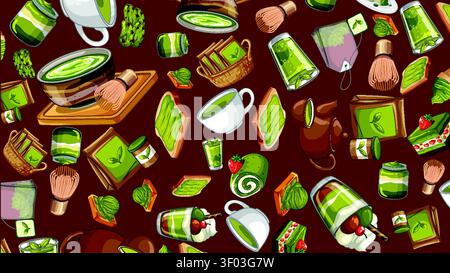 Seamless vector pattern of matcha green tea desserts and traditional tools on red background. Stock Vector