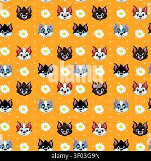 Seamless vector illustration with cute cat heads and daisies on an orange polka dot background. Stock Vector