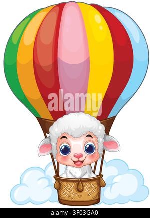 Cute lamb character rides in a wicker basket under a vibrant striped balloon above clouds. Stock Vector