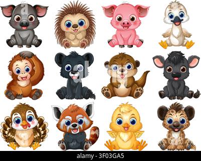 Vector set of diverse baby animals in a friendly cartoon style with big eyes. Stock Vector