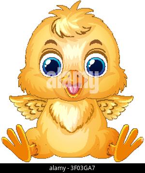 Cheerful yellow baby bird vector illustration with large blue eyes and open beak. Stock Vector