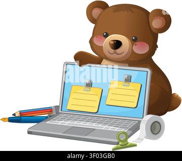 Cartoon bear sits behind a laptop screen with sticky notes, pens, and tape on white Stock Vector