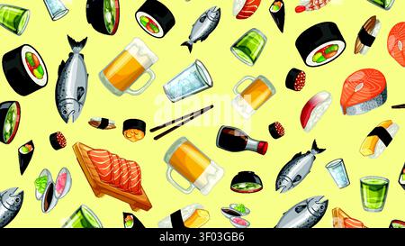 Colorful vector illustration of sushi rolls, sashimi, beer, and tea on yellow background. Stock Vector